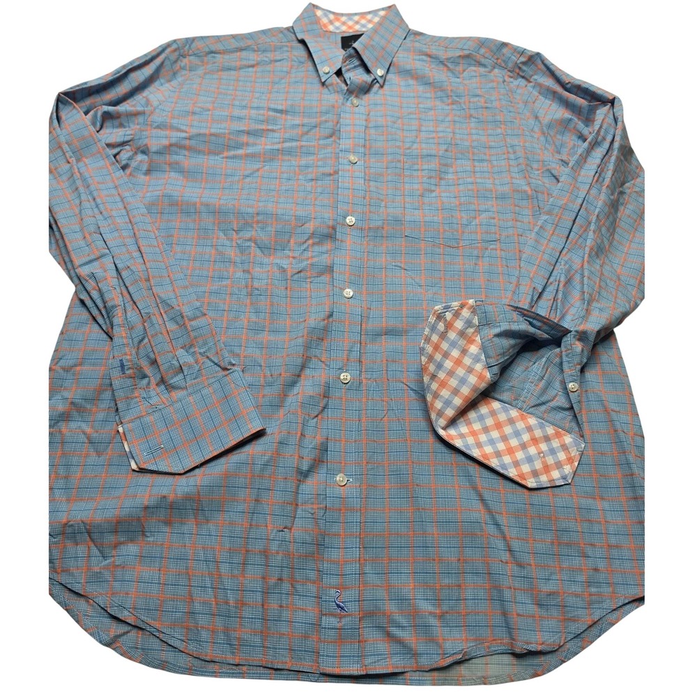 Tailorbyrd Collection Mens XL Blue Orange Plaid Cotton Button Down Shirt Logo